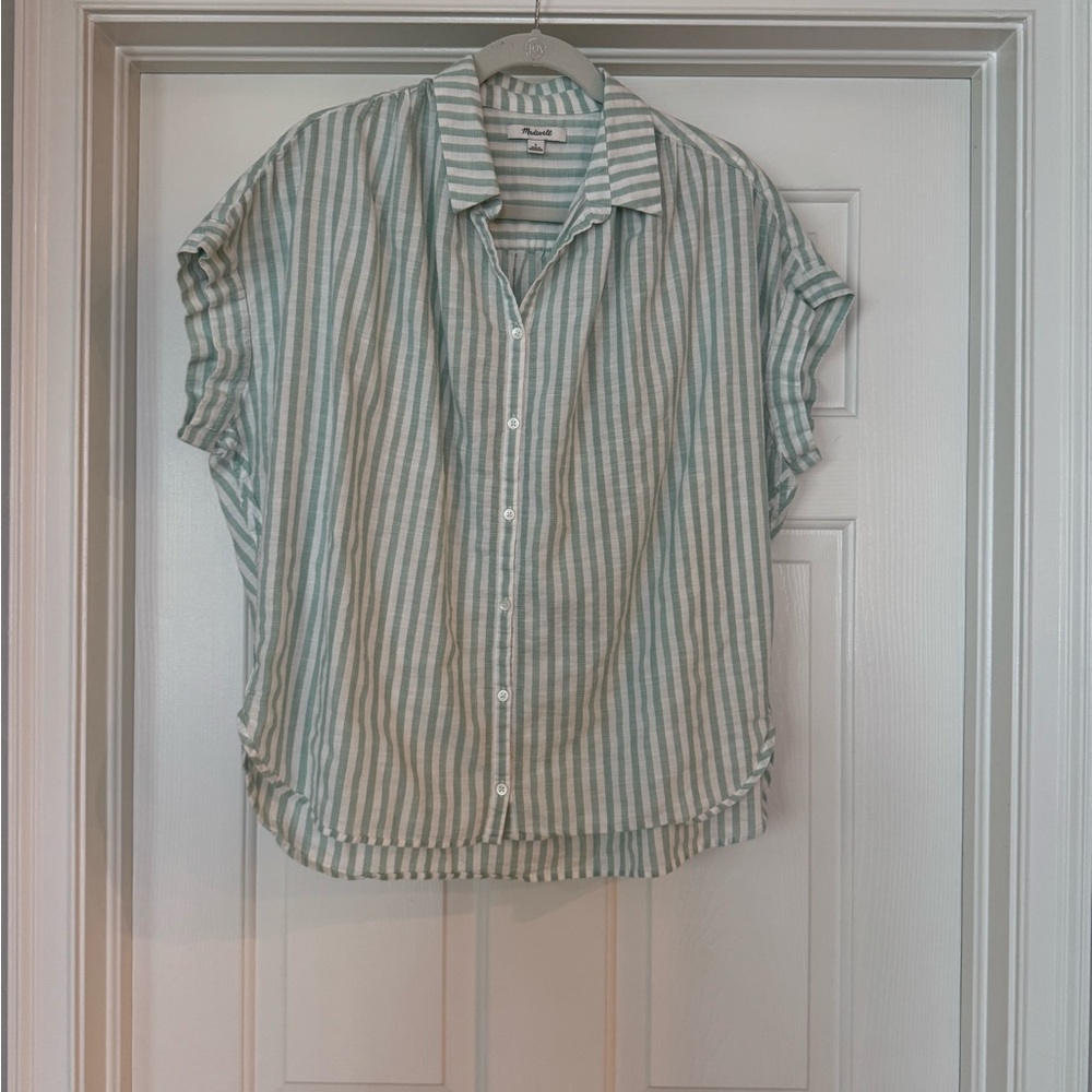 Madewell Green and White Striped Button Down Shirt